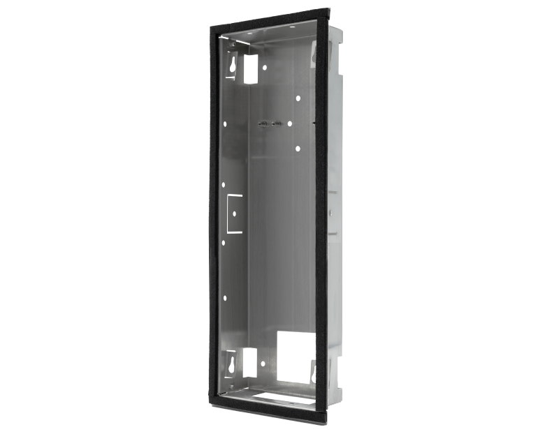 DoorBird D21DKV flush-mount backbox housing in stainless steel, rectangular frame