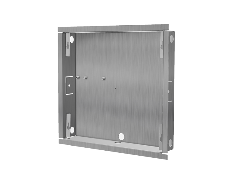 DoorBird flush-mount stainless steel housing backbox with mounting bracket corners