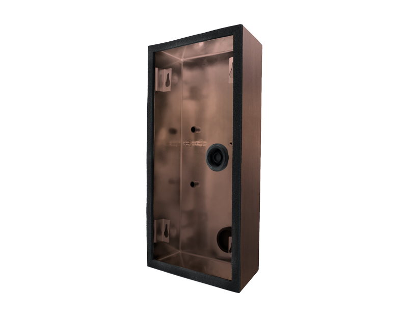 Bronze surface-mount backbox housing with mounting openings and wiring port