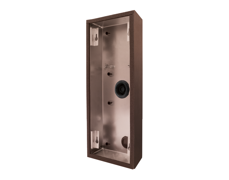 Bronze surface-mount door intercom backbox housing with mounting holes and cable opening