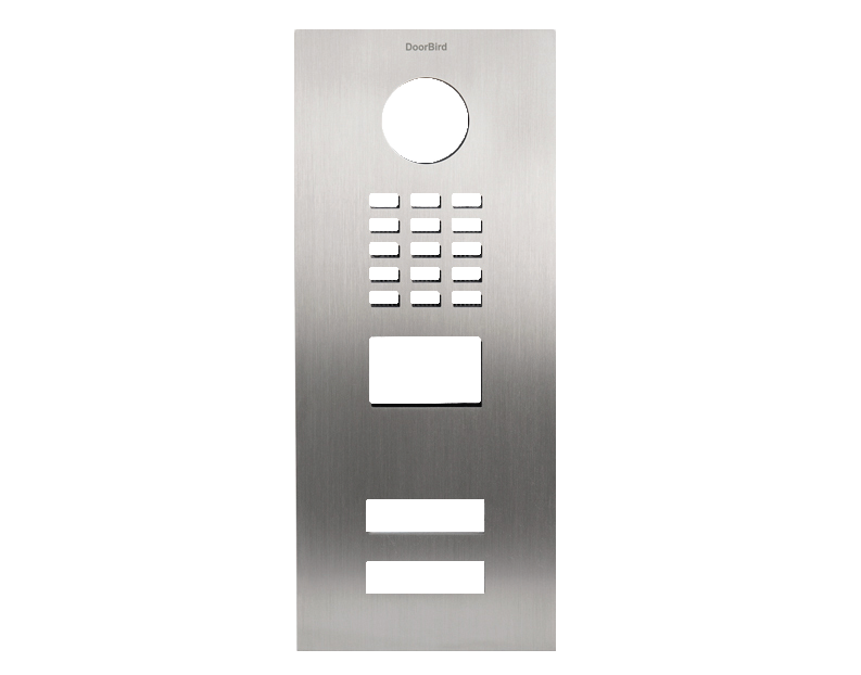 DoorBird stainless steel front panel with circular button, keypad, and two display windows