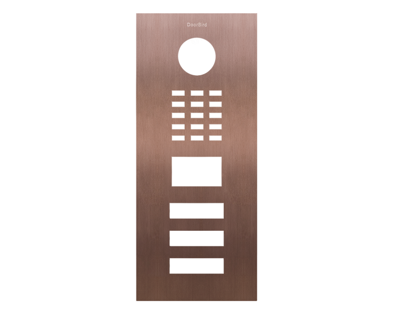 Bronze DoorBird front panel with camera and button cutouts