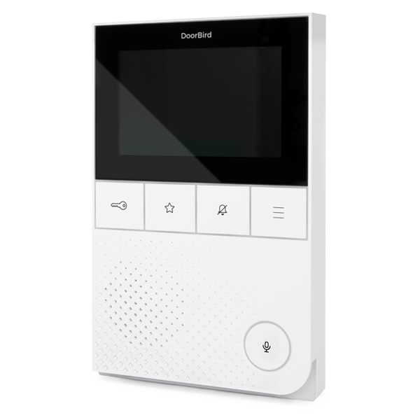 White indoor video intercom station with touchscreen, keypad buttons, and microphone