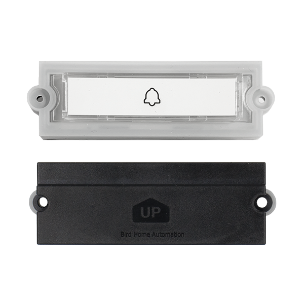 Illuminated call button with nameplate, clear cover and black base, wall-mount design