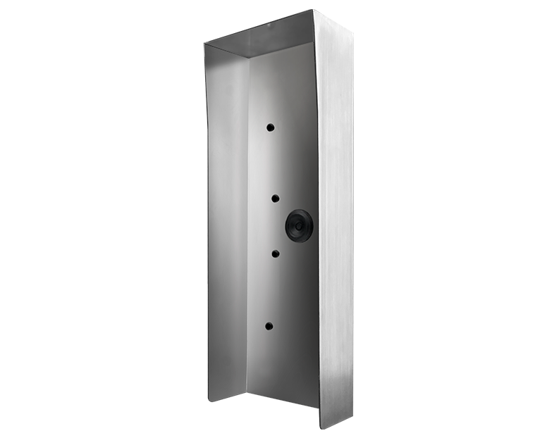 Stainless steel protective hood with mounting holes and camera opening