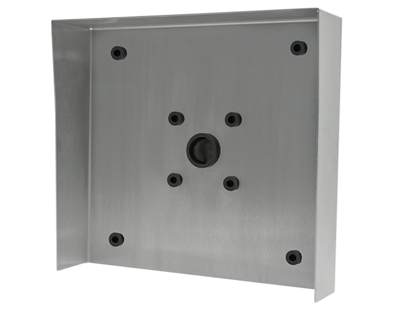 DoorBird D21XKH stainless steel protective hood with circular opening and mounting holes