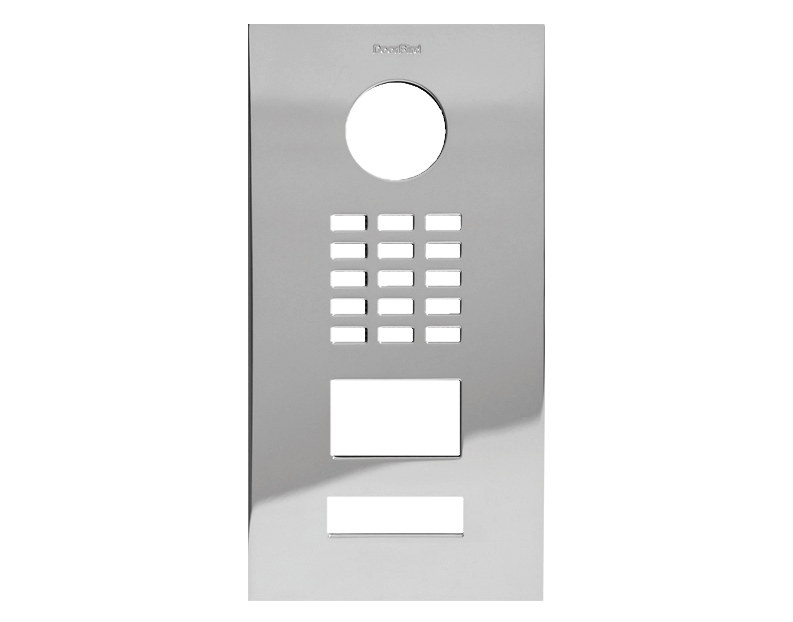 DoorBird chrome front panel with round opening, speaker grille, and label/button slots