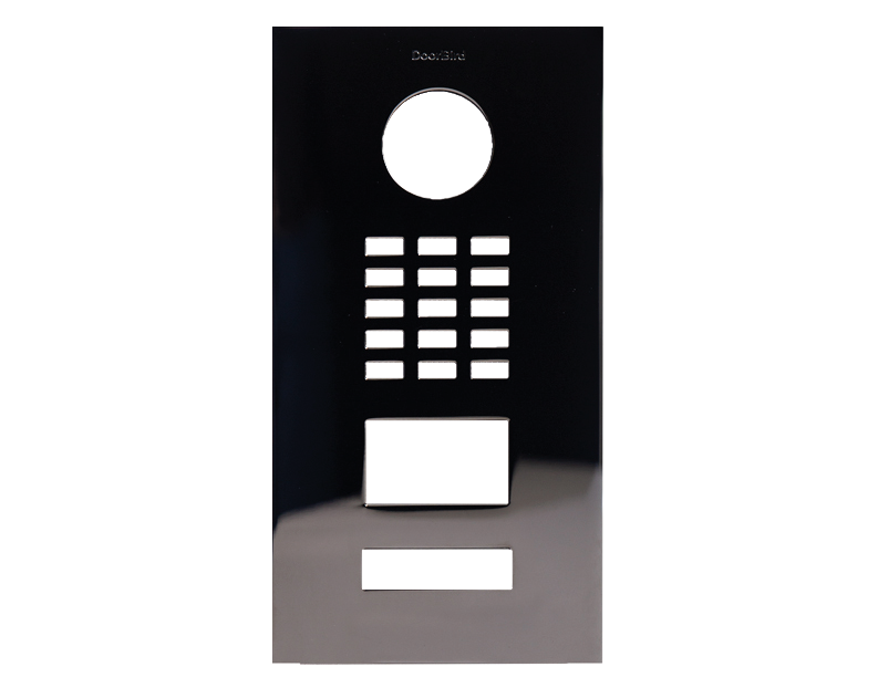DoorBird titanium front panel with circular button, keypad, and rectangular display module