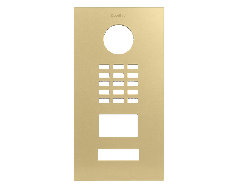 Beige DoorBird front panel with circular lens hole, small speaker grill, and two cutouts