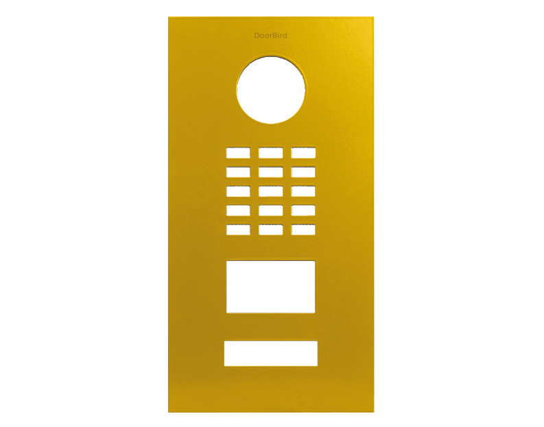DoorBird D2101V front panel in Signal Yellow RAL 1003, with circular opening and grille.