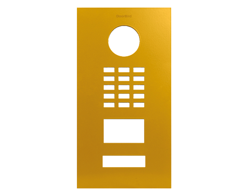 DoorBird golden yellow front panel with circular opening and speaker grille