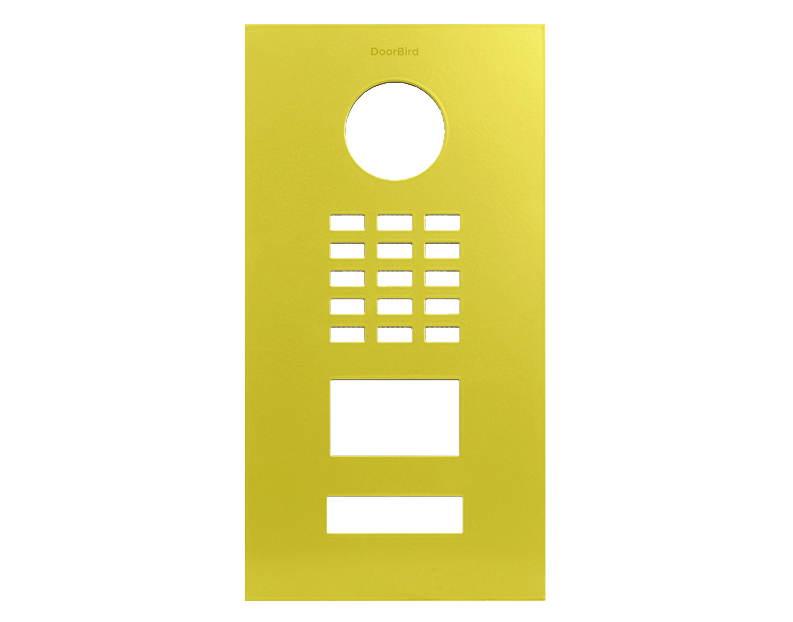 DoorBird sulfur yellow front panel with round button cutout and grille speaker