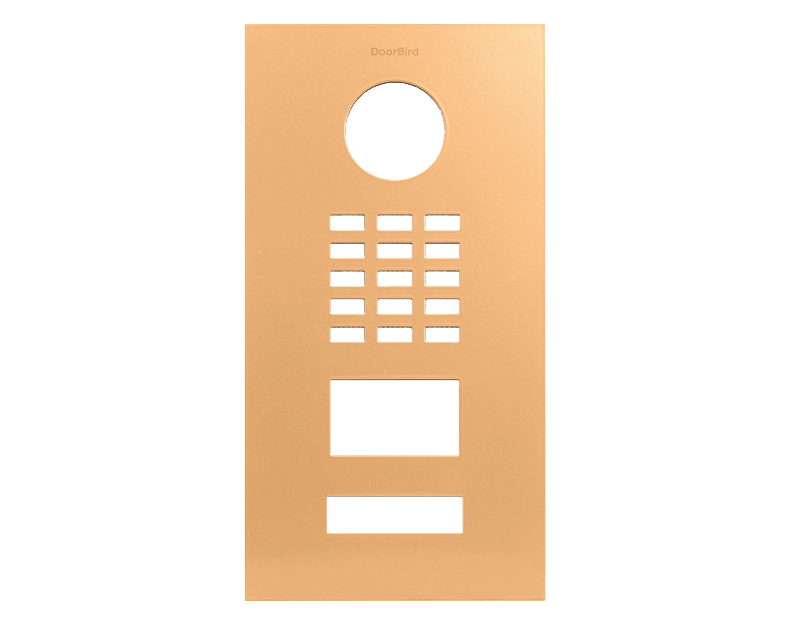 DoorBird D2101V front panel in saffron yellow with circular lens hole and grille