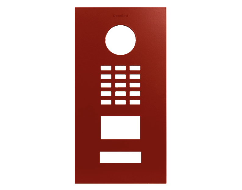 DoorBird vermilion front panel with circular lens cutout, keypad grille, and status window