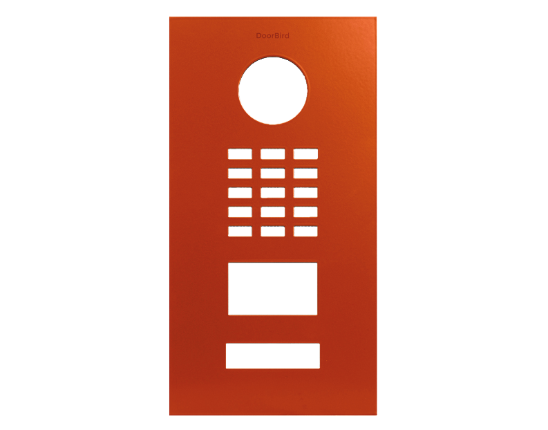 DoorBird front panel in pure orange with circular lens, grille, and rectangular display window