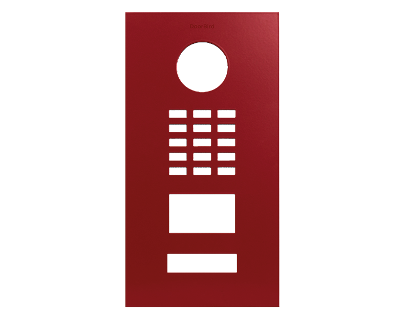 DoorBird front panel in flame red with circular mic hole and button grille, for D2101V
