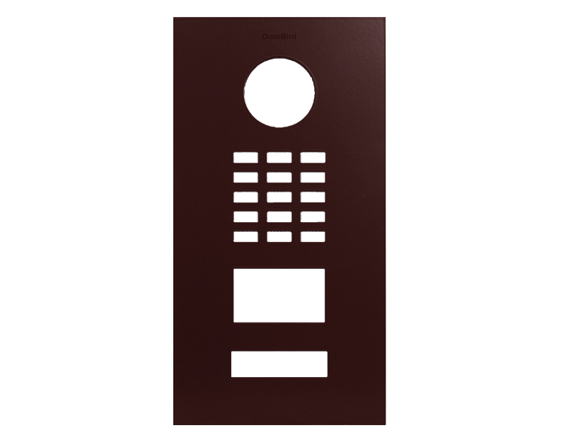 DoorBird front panel with red face, circular button and keypad cutouts, black trim