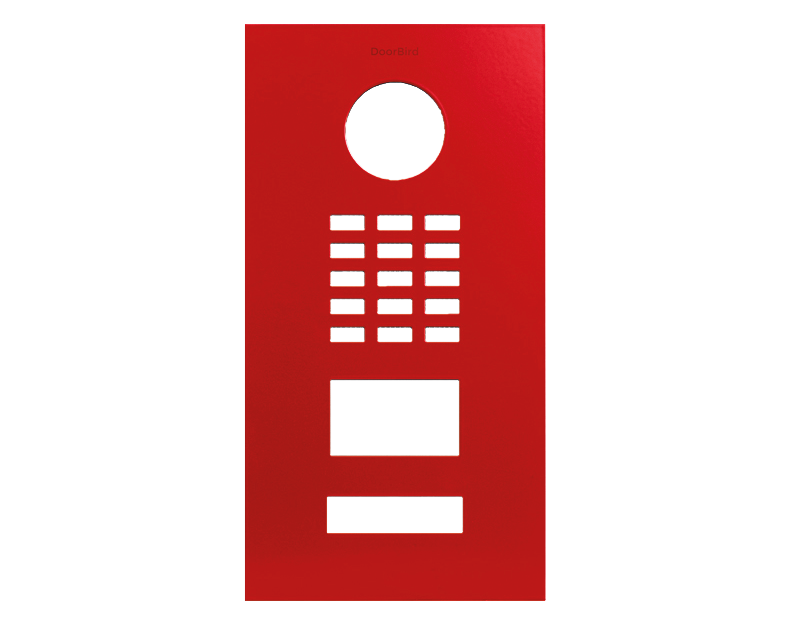 DoorBird front panel in pure red with circular mic hole, button rows, and display cutout