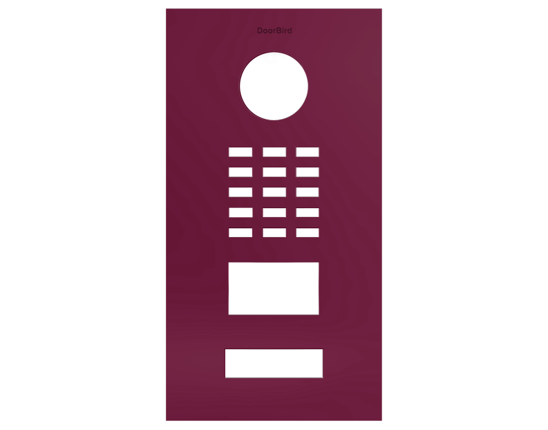 DoorBird claret violet front panel with circular lens opening and button slots