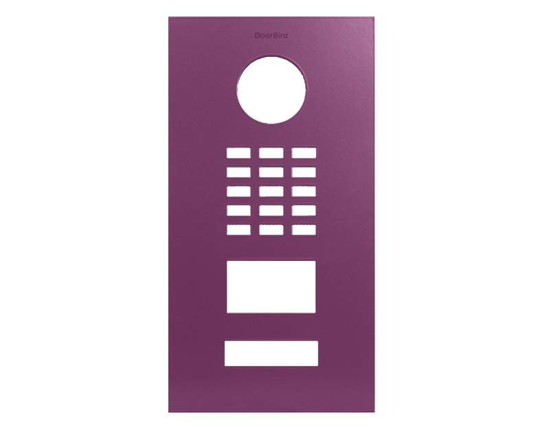 DoorBird front panel in Traffic Purple with round opening, button grid, and label slot