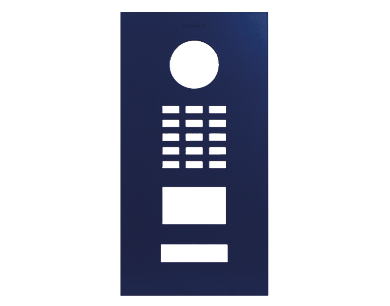 Ultramarine blue DoorBird front panel with circular speaker and call buttons