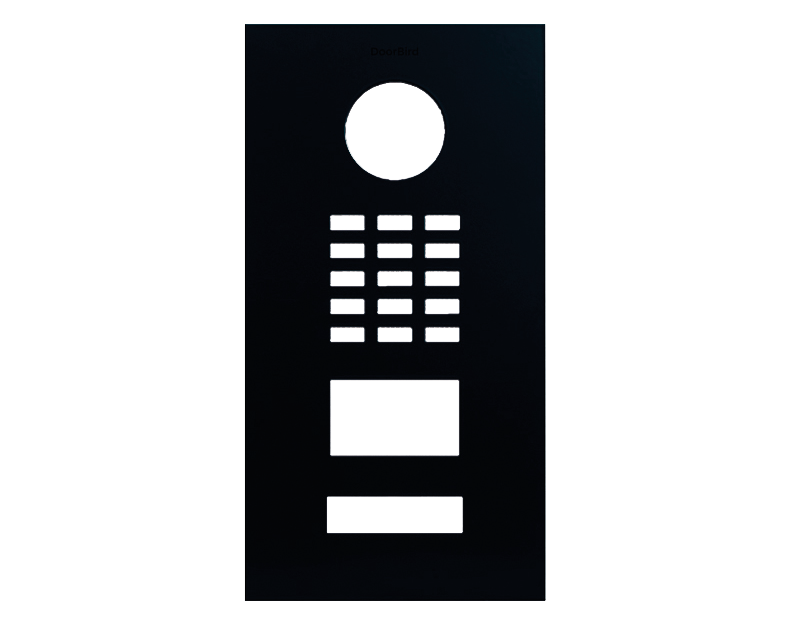DoorBird front panel in dark blue with circular button, keypad rows, and display frame