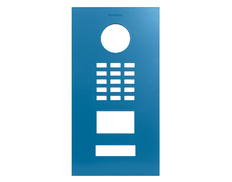 DoorBird light blue front panel with circular call opening, keypad slots, and display window