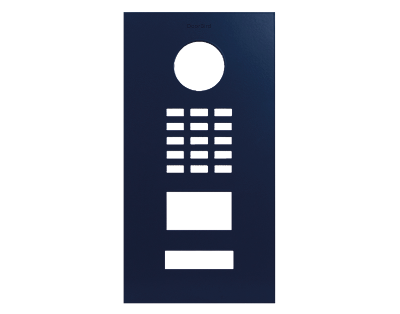 DoorBird cobalt blue front panel with circular camera lens, keypad and display window