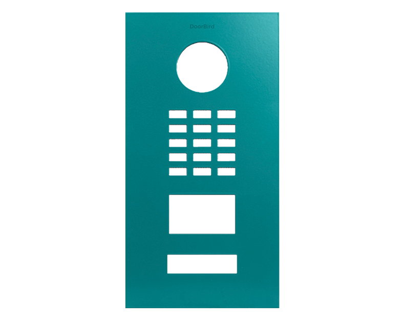 DoorBird front panel in turquoise blue with doorbell camera cutout and call buttons