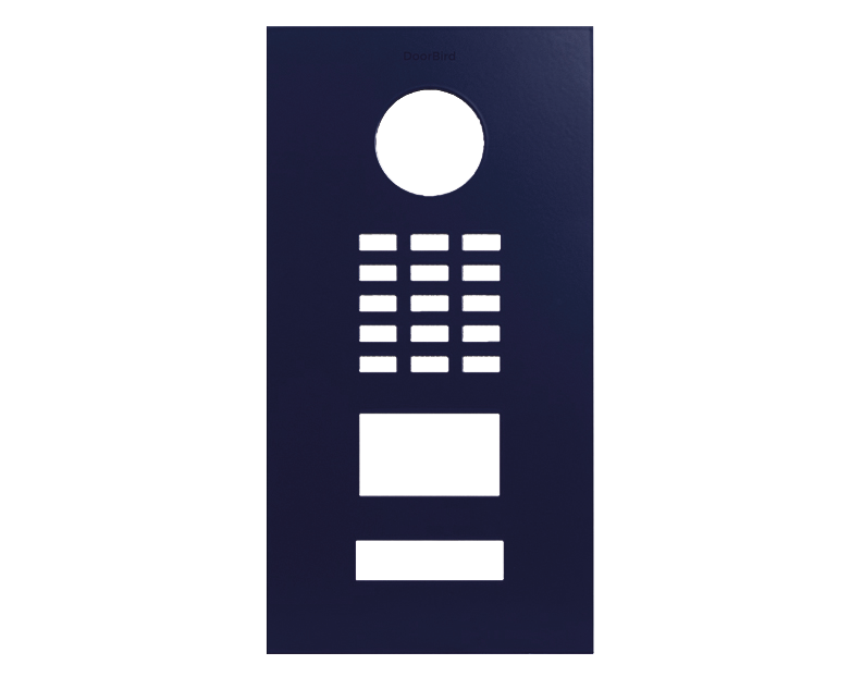 DoorBird front panel in night blue with camera lens, keypad buttons, and label window