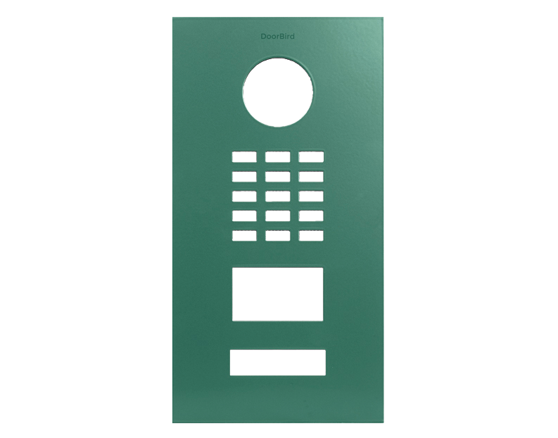 DoorBird D2101V front panel, patina green, circular opening, button grid and label