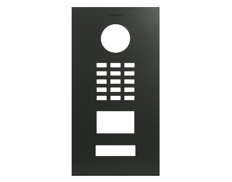 DoorBird front panel in grey olive with circular lens and button keypad