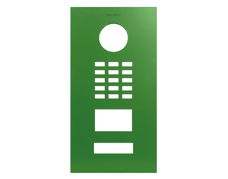 DoorBird front panel, yellow-green RAL 6018, with camera hole, buttons, and display slot