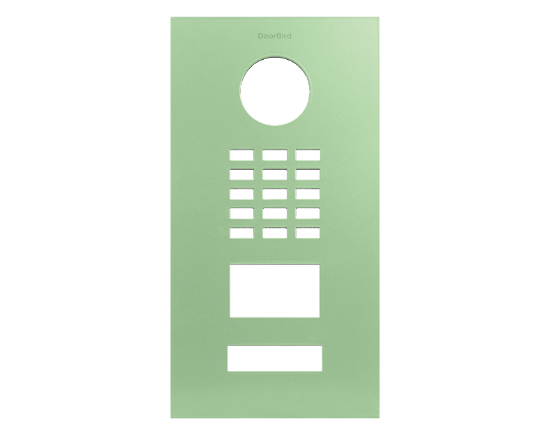 DoorBird pastel green front panel with circular opening and button/label cutouts