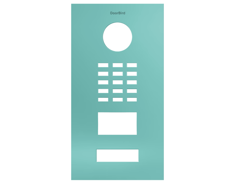 Light green DoorBird front panel with circular camera hole, grille slots, and rectangular opening