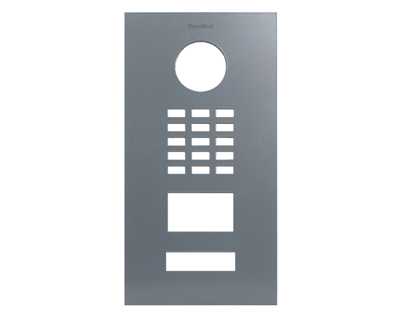 DoorBird silver grey front panel with circular button hole and keypad grid