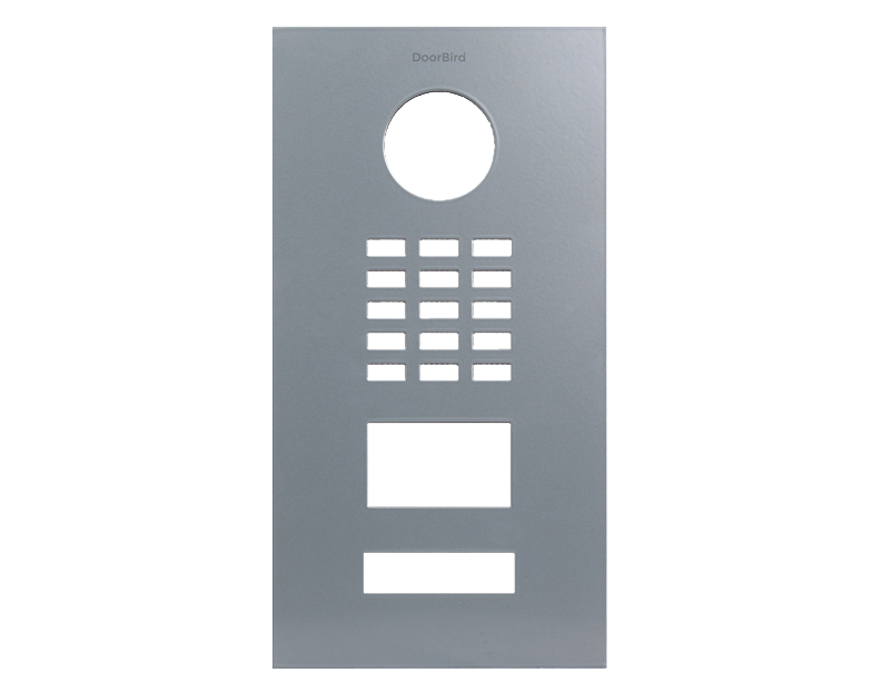 DoorBird door station front panel in Signal Grey with circular lens, grid speaker holes