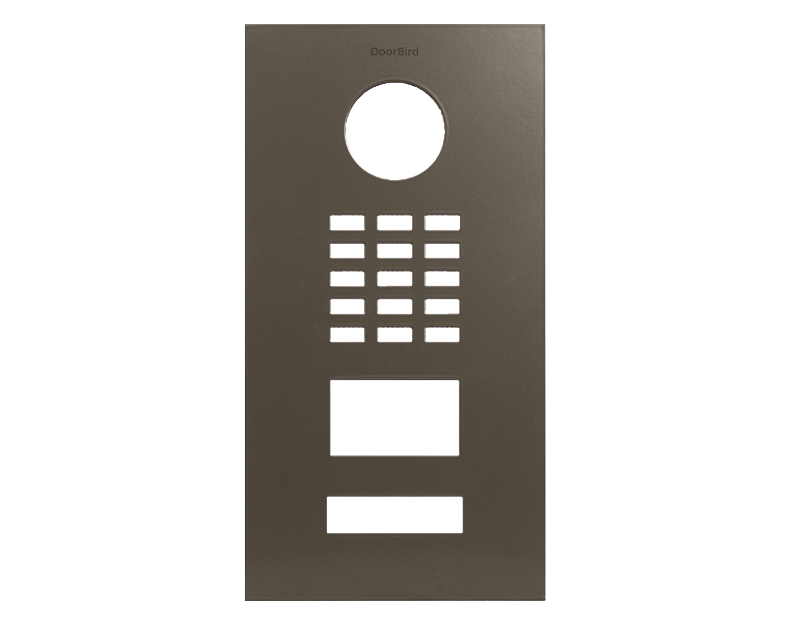 DoorBird front panel in beige-gray with circular opening, call buttons, and display area