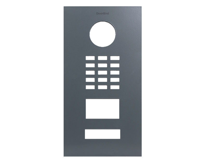 DoorBird front panel in iron gray with circular opening, keypad, and two rectangular slots