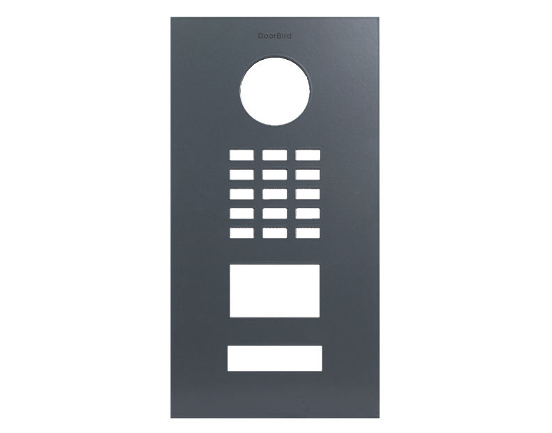 DoorBird slate grey front panel with circular lens opening and button grid, RAL 7015