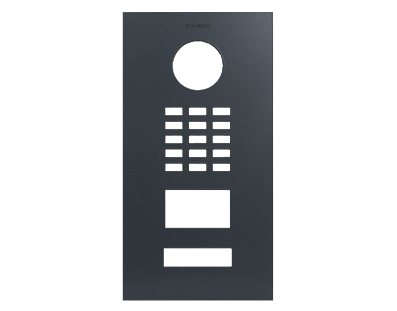 DoorBird front panel in anthracite grey with circular lens, button grid, and display window