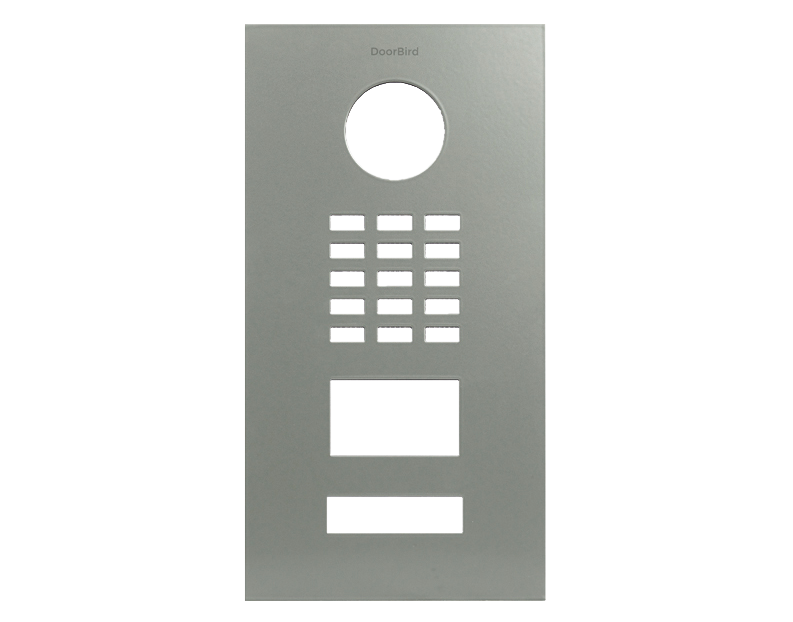 DoorBird concrete grey front panel with circular door button and call keypad grid