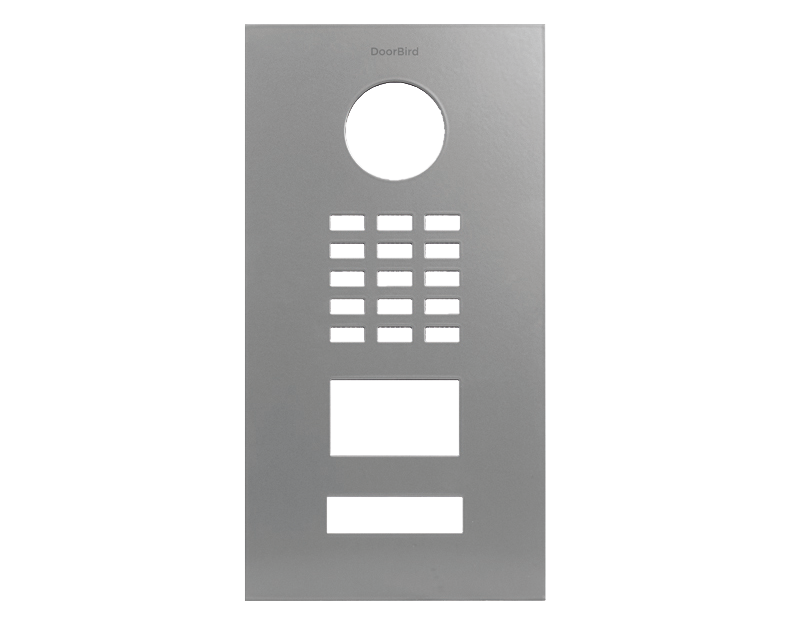 DoorBird front panel in silk grey with circular lens, grille, and two rectangular openings