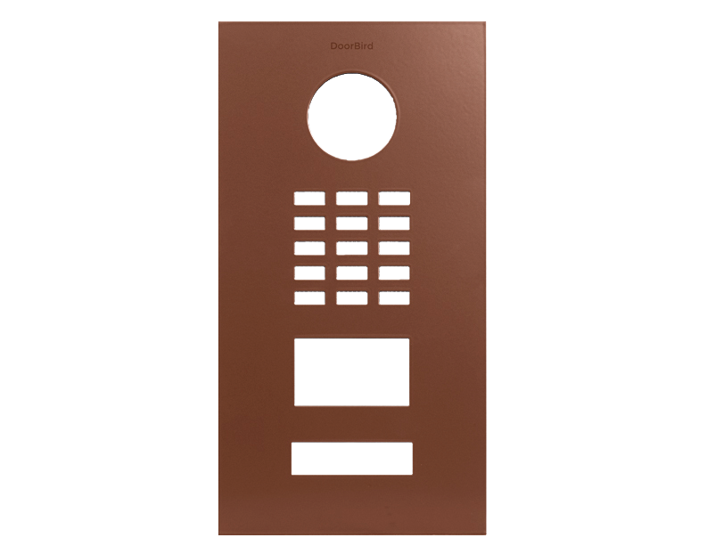 DoorBird copper-brown front panel with circular camera hole, button grid, and openings
