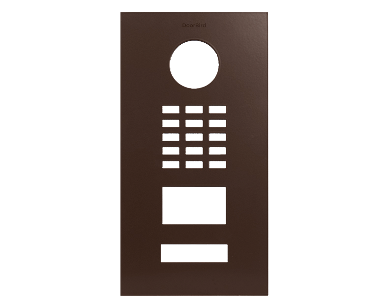 DoorBird nut brown front panel with circular opening, speaker holes, and rectangular button area