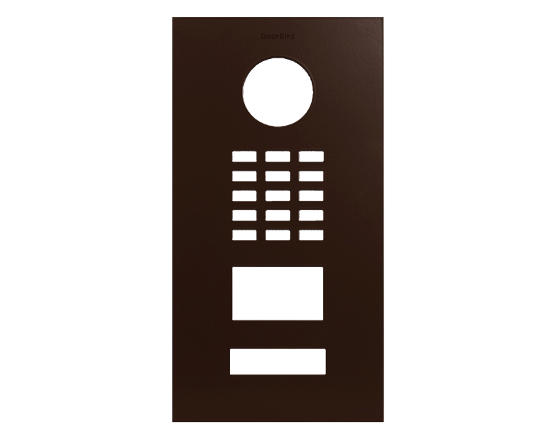 DoorBird mahogany brown front panel with circular lens, keypad, and display window
