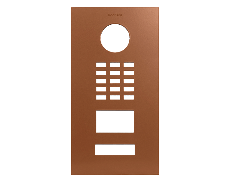 DoorBird front panel in orange-brown with circular opening and keypad grille