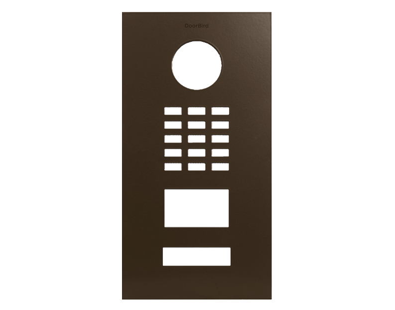 DoorBird terra-brown front panel with round lens, button grid, and rectangular speaker window