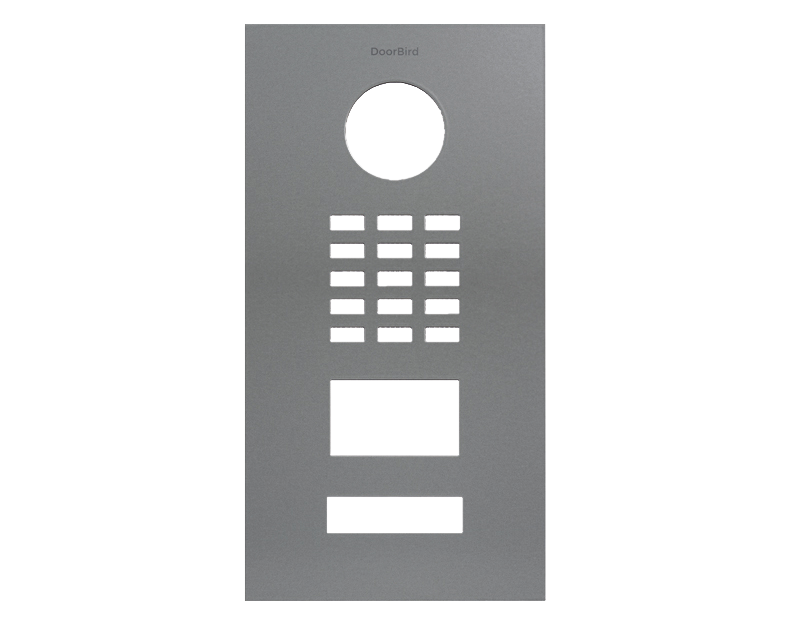 Grey aluminium door entry front panel with circular button, keypad and indicator window