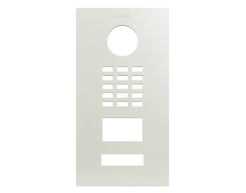 DoorBird D2101V front panel in pure white with circular lens cutout and button grille